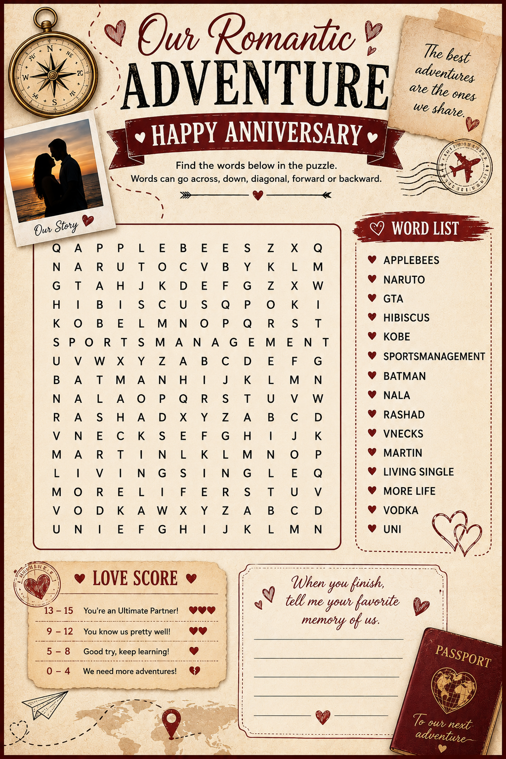 Our Romantic Adventure anniversary word search